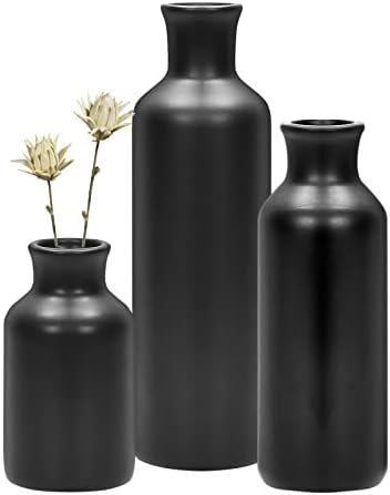 Set of 3 Black Ceramic Vases Set,5" 7.5" 10" Tall Small Matte Black Vases,Modern Home Decor,Boho