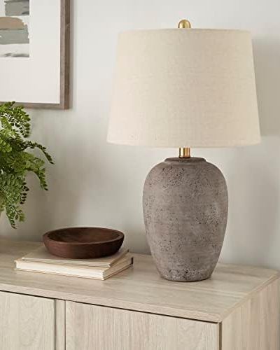 Nourison 23" Earth Brown Rustic Ceramic Jar Table Lamp for Bedroom, Living Room, Dining Room,