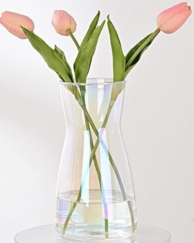 Glass Vase, 8" Tall Ins Modern Irised Crystal Clear Glass Vases for Décor Flowers Centerpiece Home