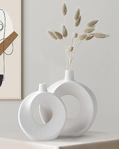 White Ceramic Vase, Modern Home Decor Boho Vase Set of 2, Round Minimalist Nordic Aesthetic Flower
