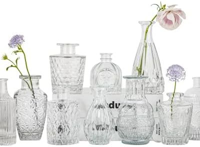Glass Bud Vase Set of 10 - Mini Vintage Vases for Wedding Decorations, Home Table Flower Décor,