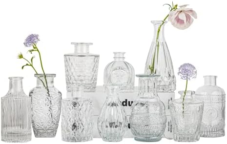 Glass Bud Vase Set of 10 - Mini Vintage Vases for Wedding Decorations, Home Table Flower Décor,