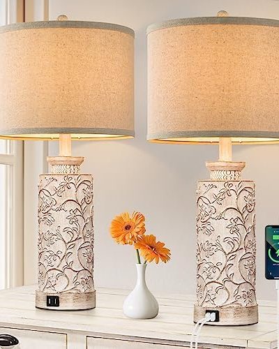 25.5in Table Lamps Set of 2 with 2 USB Charging Ports for Living Room Bedroom, Tall Bedside Lamps,