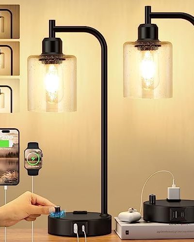 Industrial Table Lamps for Bedrooms Set of 2 - Fully Dimmable Bedside Lamps with USB A and C Ports